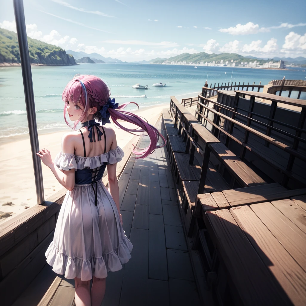 at the seaside,There is a train behind,Leave with your back to the camera,with tears,Smile