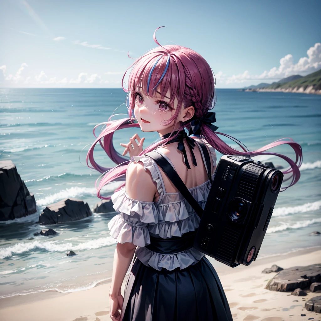 at the seaside,There is a train behind,Leave with your back to the camera,with tears,帶著tearsSmile,tears