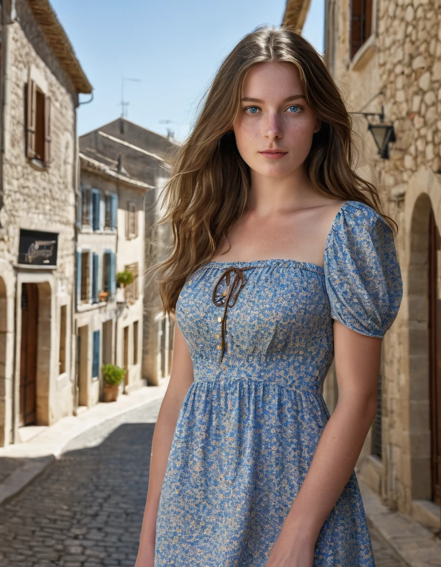 Aaricia Lemaire standing in a beautiful town in the Camargues region seductive, a Belgian 22 years old beautiful actress, brown hair, long brown hair, blue eyes, light freckles on face, slim body, breasts , wearing a beautiful summer dress, floral pattern, cowboy shot, ultra high res.photorealistic:1.4, UHD, beautiful city of Saint Laurent d'Aigouze in the background