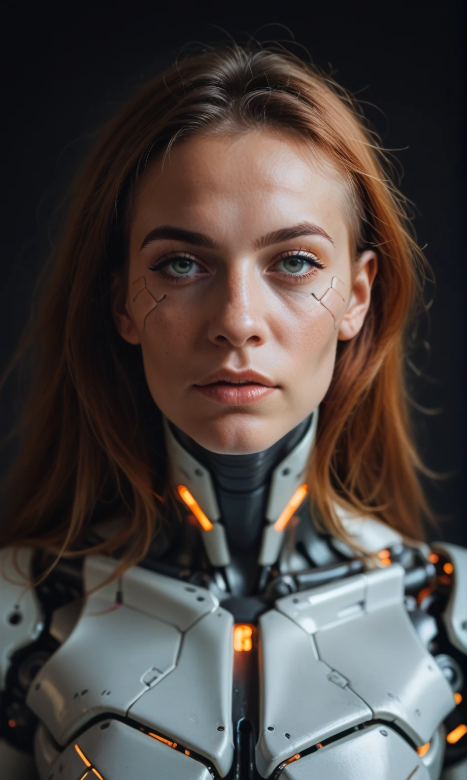 Cowboy shoot, Cyberpunk photo, middle-aged women,  (cyborg face), facial implants, muscular body, (mechanical body), mechanical arms, mechanical skeleton, rusty armor, neon background, dark background, eye contact, looking at viewer, masterpiece, best quality, perfect detail  , perfect face detail, perfect eye detail, perfect skin detail, depth of field, perfect lighting