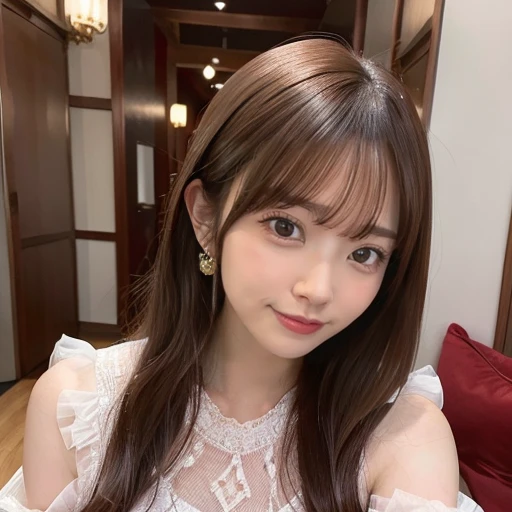 masterpiece, Best Quality,, Ultra-detailed, finely detail, hight resolution,1girl, blunt bangs, smile, blush, bed, breasts, white princess dress, sitting、nogizaka、Beautiful brown eyes:1.３、17-year-old, red head, absurdrez, sensual, elegante, charm, shiny skin, dinive, red enamel, jewelry, full body, ultra detali, high qualiy, work of art, face detailed, gorgeous eyes(detailedeyes), a face of perfect proportions
