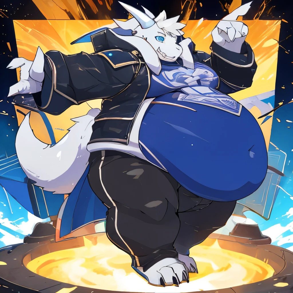 Fat drum bunker dragon, overweight, wearing short jeans and a fluffy jacket, tight clothes, fat belly, big belly, round belly, bloated, futuristic clothes, black shirt, blue clothes, blue eyes, anime style