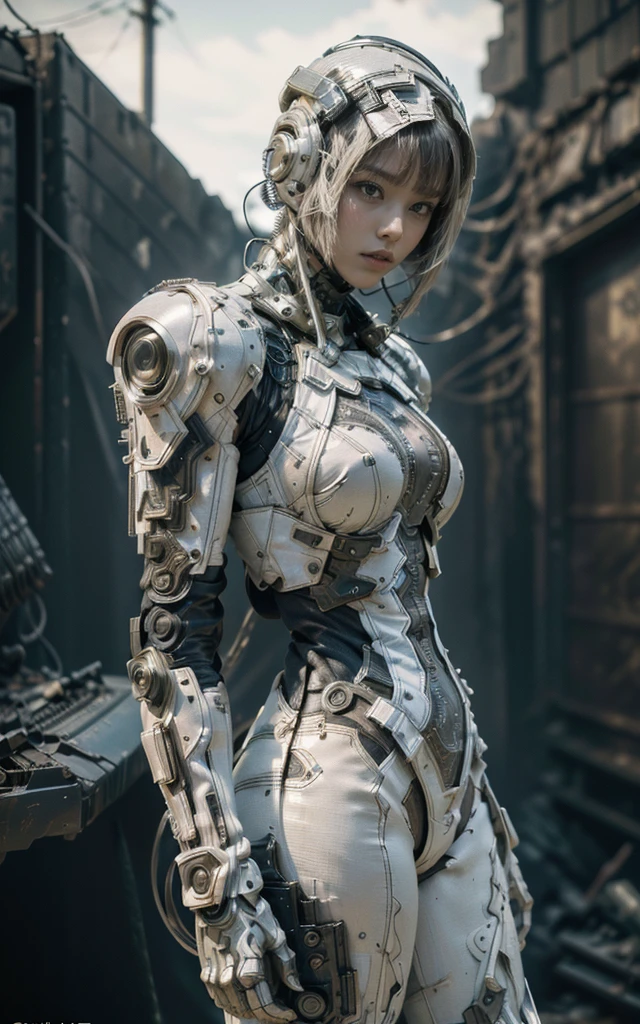 Jean Giraud, Wasteland of Doom, (woman, techwear is stylish and extremely beautiful:1.4),White tight mecha (Intricate details, masterpiece, best quality:1.4) , nicholmory style, Dystopian style, desolate, After the apocalypse, depressed, drama, Very detailed content, Looking at the audience, Dynamic poses, Dynamic camera angles,