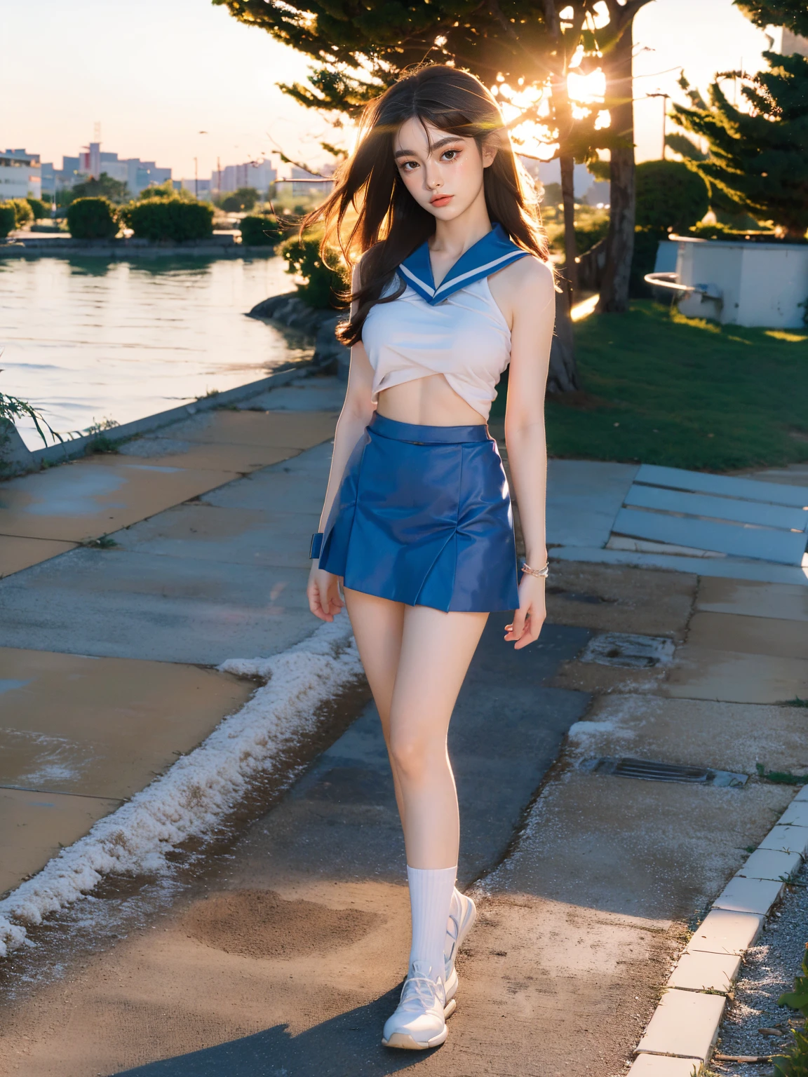 (1 lady), (Best quality at best:1.4), (ultra - detailed), (extremely detailed CG unified 16k), A Beautiful Woman with Perfect Figure: 1.4, Sharp Focus: 1.2, very detailed, High-definition RAW color photo, professional photoshooting, amazing face and eyes, cosmetics, (amazingly beautiful girl), ((suzumiya haruhi)), NOT Dasha Taran, ((kita high sch0ol uniform, blue sailor collar, blue skirt, armband, hairband, medium long hair, ribbon, socks)), standing, nature, tree, park, realistic cinematic face, head to feet long wide zoomed out view, full body long view, photorealistic, she is standing straight, ((realistic natural caramel brown hair style, brown eyes)), gorgeous, extremely beautiful face, perfect model beauty, pout mouth, Highly Detailed Face and Skin Texture, Detailed Eyes, Double Eyelids, Medium Breasts, smiling hard, western, (masterpiece), best quality, high resolution, extremely detailed, blurred background, depth of field, cinematic lighting, amazing legs, combat boots, clear and well-cared skin,