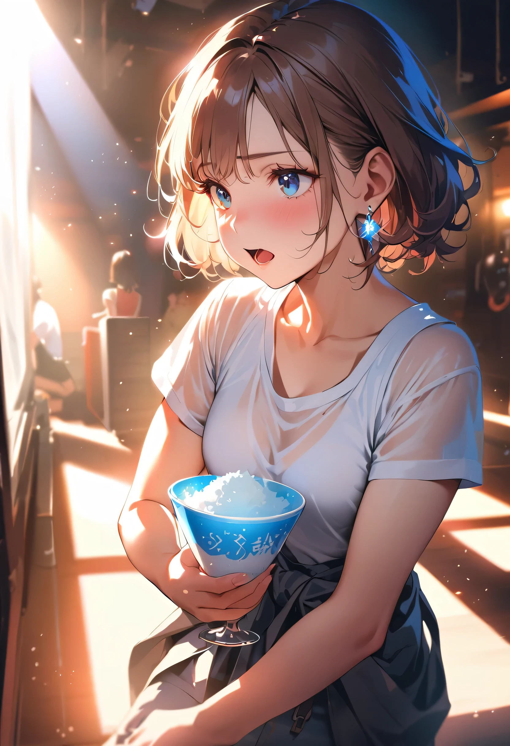 masterpiece, Highest quality, (((Eating shaved ice makes me feel refreshed)))、(((I shut my eyes tightly and scream in pain)))、Raising awareness, Sax Blue, Platinum Earrings, Platinum Necklace, White Dress, One Girl, cute, (Dynamic Lighting:1.2), Cinema Lighting, Delicate facial features, Detailed eyes, Sharp pupils, Realistic student, Written boundary depth, ボケ Written boundary depth, Sharp focus, (Very detailed, bloom, Shine:1.4), Lots of little gems, (((short_hair))),　Twin tails、Earrings、Parted front hair、銀hair、Upper Body、Ultra close-up footage、She wears a see-through tank top.The top is transparent up to the chest.、See-through design。The bottoms are a very short navy blue pleated skirt.、Fits snugly around the waist。The background is simple white.、this、The text is easier to see.。The light source is a soft light from the front....、The overall atmosphere is bright and clean....。
