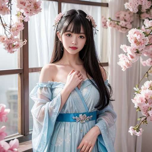 best quality, Delicate face,beautiful visual work, lifelike, eternity, black hair, Long curly hair, blunt bangs, Smile, Detailed Background, Delicate face,pink blush,cold,((masterpiece))、(top quality)、8k、high detail、Super detailed,21 years old female,Wearing wide-sleeved Tang Dynasty Hanfu、Clothes made of chiffon,Transparent sleeves, Seductive and whimsical style、masterpiece、born、Scenes resembling fairy tale illustrations、intricate details和複雜的設計、Beautifully、magic、capricious、 Beautifully、Dream aesthetics、「𝓡𝓸𝓶𝓪𝓷𝓽𝓲𝓬、ethereal、charming、fickle、magic」、realism、Visual effects、FXAA、SSAO、Shader、voiceless、ambient lighting、Tone mapping、High resolution、Ultra high quality、Million pixels、(8K resolution:1.10)、8k、8k以下、8K resolution、high detail、intricate details, (high quality:1.2、masterpiece:1.2、:1.21)、(21 years old female:1.21)、(興奮地Smile)、(Surrounded by a dreamy atmosphere、Model diagram,full-body shot,Normal 2 feet,Don't show your fingers,Hands hidden in sleeves, The protrusion of the breast is visible when wearing clothes, Large Breasts, H cup chest, Landscape photos,full-body shot
