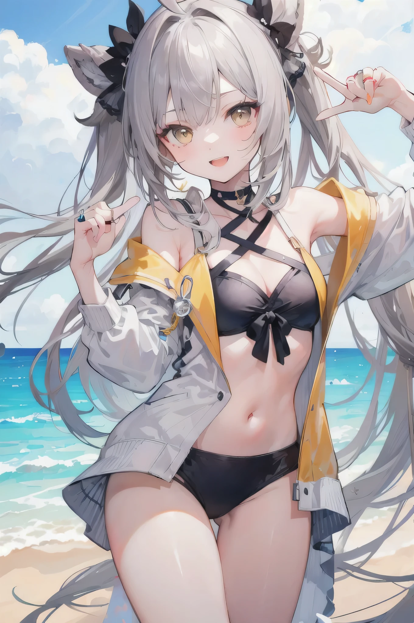 ((masterpiece, Highest quality)), (One Girl), (alone), (Focus on women), (Ahoge, Gray Hair, Very long hair), Golden Eyes, smile, Open your mouth,Swimwear , Stand on the beach, Index finger, middle finger and ring finger up