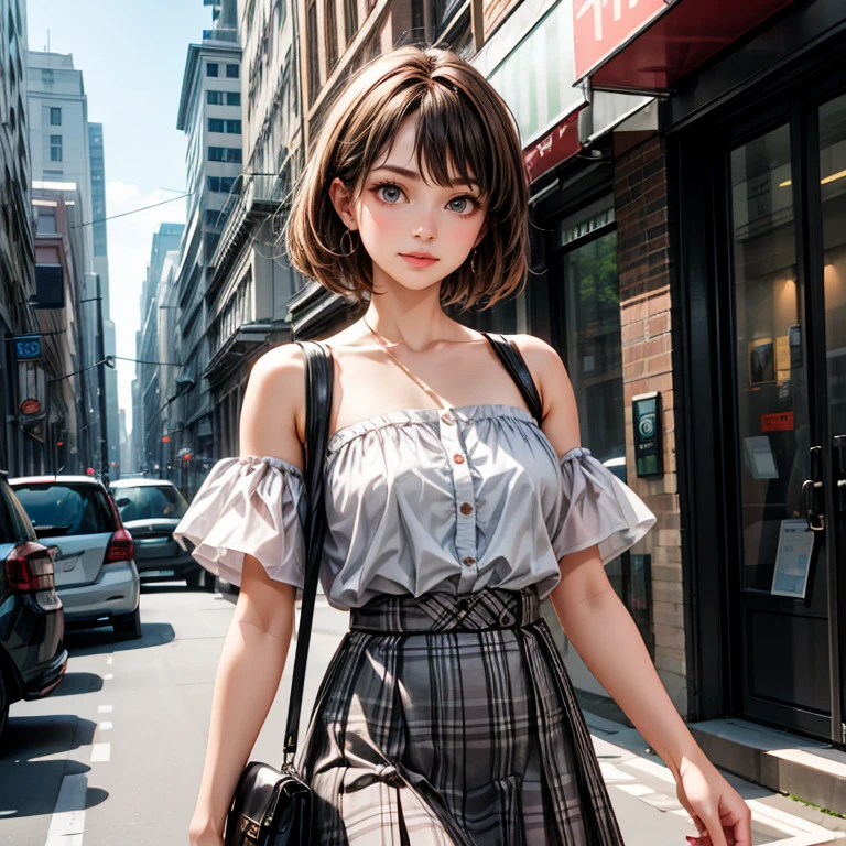 No sleeve,Sweaty,A perfect smile, (Perfect Anatomy, Anatomically correct, Highly detailed skin), Cute and symmetrical face, Perfect Face, Perfect Eyes, Perfect Fingers, Five Fingers, ((Hairstyle,Inner Color,money,Bobcut))((White tube top,Brown checked skirt)),Earrings,Street Corner,((Shoulder bag,Wear diagonally)),