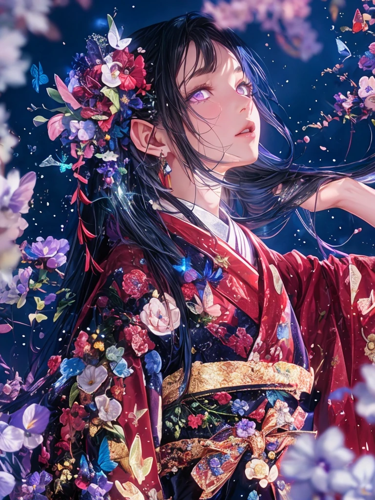 (best impact:1.4), (Maximalism:1.3), (vivid contrast), (Ultra-luxurious light:1.2), (diffuse reflection:1.3), (high speed shutter, motion blur), (HDR, unity 8k wallpaper, extremely detailed CG, ultra highres), BREAK (1girl, solo:1.5), (white silver hair, deep blue dress:1.4), (elf ears:1.4), (violet eyes:1.6), (blue flowers:1.5), (butterflies:1.4), (lush flower garden:1.2), (urban:1.2), BREAK (realistic), super realistic illustration, highres, ultra detailed, absurdres, (Fantastic scenery in richly coloured:1.4), BREAK (very wide:1.3), (panorama view:1.1), (sense of depth:1.5), (long shot:1.3), (magnificent view:1.3), (wind:1.4),