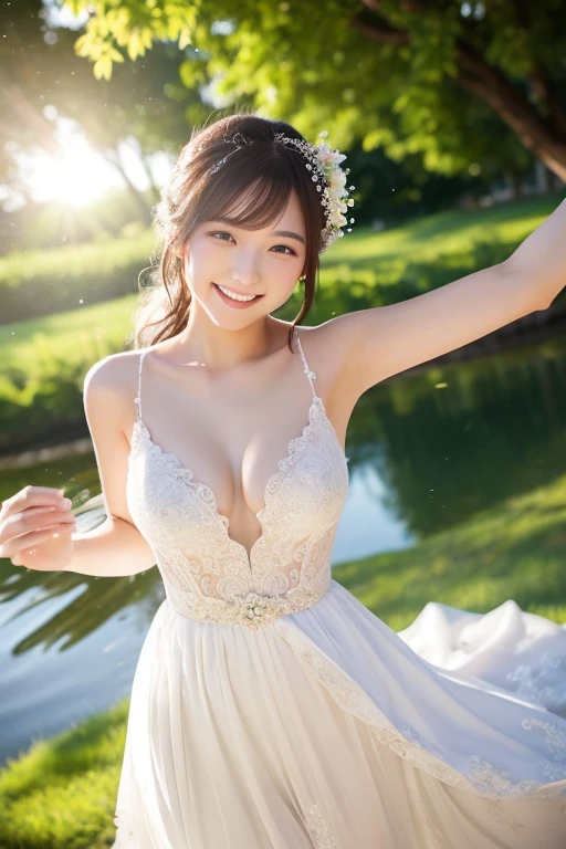 
A girl smiling in a sexy wedding dress, Japanese women。Beautiful breasts。

Textured skin, Flower storm、Front blur, Hair Flower, Lens flare, Sparkle Effect, reflected light, Lakeside。
Bouncing