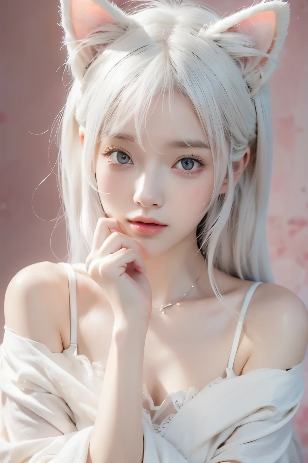 Anime girl with a pair of cat ears, Soft white hair inside the ears, Her eyes were wide open.,Curious, She was happy to see me, beautiful eyes, White hair, Pink Eyes, Good Art, Good painting, anime 2D, 2D, Lovely, 2 hands,5 fingers on each hand, Beautiful hands, well drawn hands, 4K, 8K,bust