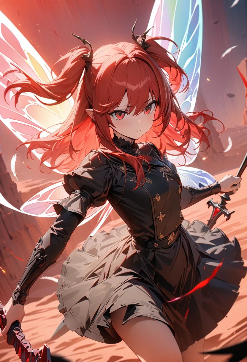 a 16 year old girl with long beautiful red hair and red eyes, Two side up hairstyles,expressionless like a doll, wearing a black military uniform with a black short skirt, white socks and black shoes, holding a medieval shaped red sword in one hand, beautiful white fantasy rainbow fairy wings growing from her back, fantastic light particles fly out of the white feathers, holographic effect on the feathers, cold look on her face as she fights many monsters on the ground against the backdrop of a hellish red sky, the ground is a desert-like landscape, posing dynamically swinging her sword, (masterpiece, best quality, 4k, 8k:1.5), best quality, ultra detail, fantastic, abstract, physically based rendering, ultra-fine painting