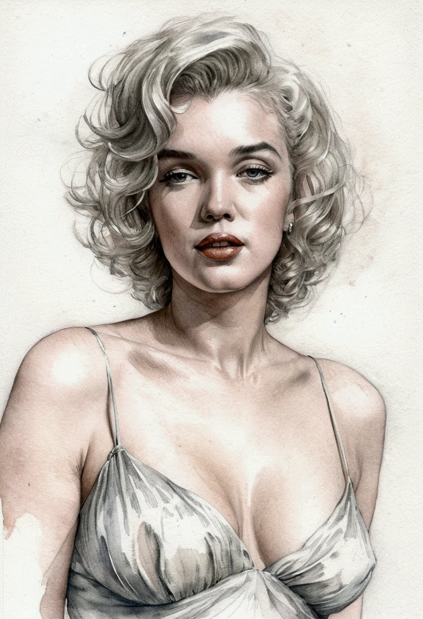 A delicate, watercolor painting picture portrays, a nude beautiful woman, Marilyn Monroe look, big firm breasts, standing bare feet without background, her features rendered in subtle shading and precise lines. The framing is tight, focusing attention on the subject's serene face. Soft, feathery strokes convey the gentle texture of her short hair, 