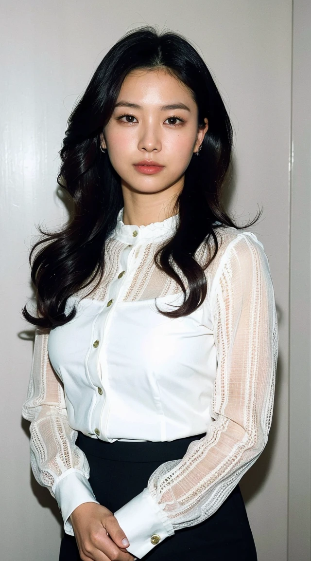 ((Highest quality, 8k, Portraits: 1.3)), (Viewer Display), Photographic realism,  Sharp focus, alone, Japan Moro Islamic Liberation Front, beauty products,Wavy Hair, Wrinkles around the eyes, Accentuate your breasts, Big Breasts 、30 years old, （(Pencil Skirt:1.0), (manhattan lace blouse:1.0)，Are standing：1.3）