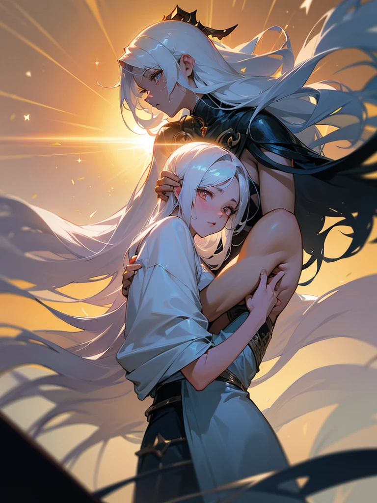 A pale-skinned goddess with burn marks, her straight and silver hair falling to her shoulders, engaged in an epic confrontation with the goddess of the sun. The sun goddess has dark skin, white eyes that shine like stars in the night, and wavy white hair that floats with an incandescent glow, fighting with fury. Both goddesses, who were once lovers, now face each other in a battle of pain and betrayal, (best quality,4k,8k,highres,masterpiece:1.2),ultra-detailed,(anime,photoanime,photo-anime:1.37),extremely detailed eyes and face,longeyelashes,dramatic lighting,dramatic colors,dark fantasy,epic fantasy scene,fantasy art,cinematic lighting,dramatic background,celestial,cosmic,ethereal,divine