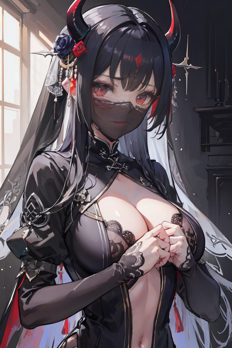 The demon girl in my head, Dark art, Bloody eyes , Dark eyes, hoarfrost metal lace, fantasy, Sunlight, rays of sunshine, intricately details. 8K, Dreamlike, surrealism, Symmetrical, Soft lighting, Intricate details, Highly detailed, illusory engine, aspect::4:3, Game CG,inspired by Li Mei-shu, mistic, (((mouth veil))), two toned hair, black hair with red highlights, demon horns