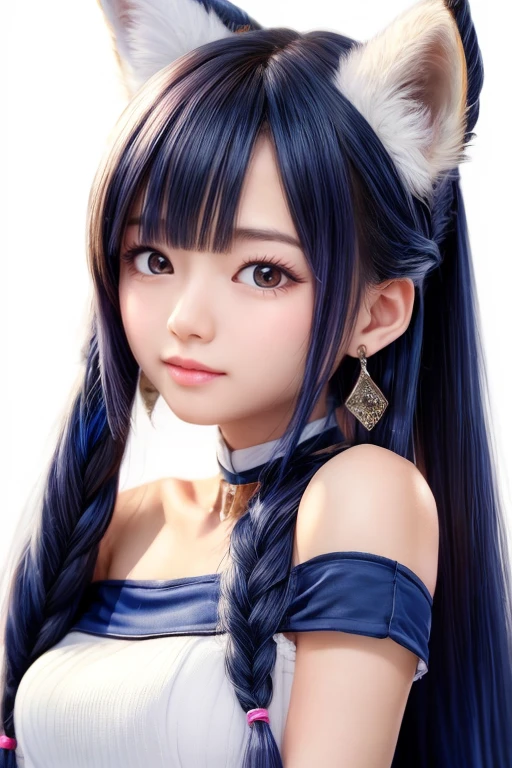 masterpiece, Highest quality, High resolution, (White Background: 1.4), [Glitter], [Looking at the audience, Portraiture, 1 Cute Chinese Girl], (Long Hair, Blue Hair, Wave Curl, Multicolored Twisted Big Braid: 1.3, Fluffy fox ears, Air Van), White off-the-shoulder short sleeves, Delicate facial features, Pink Lips, Earrings, necklace