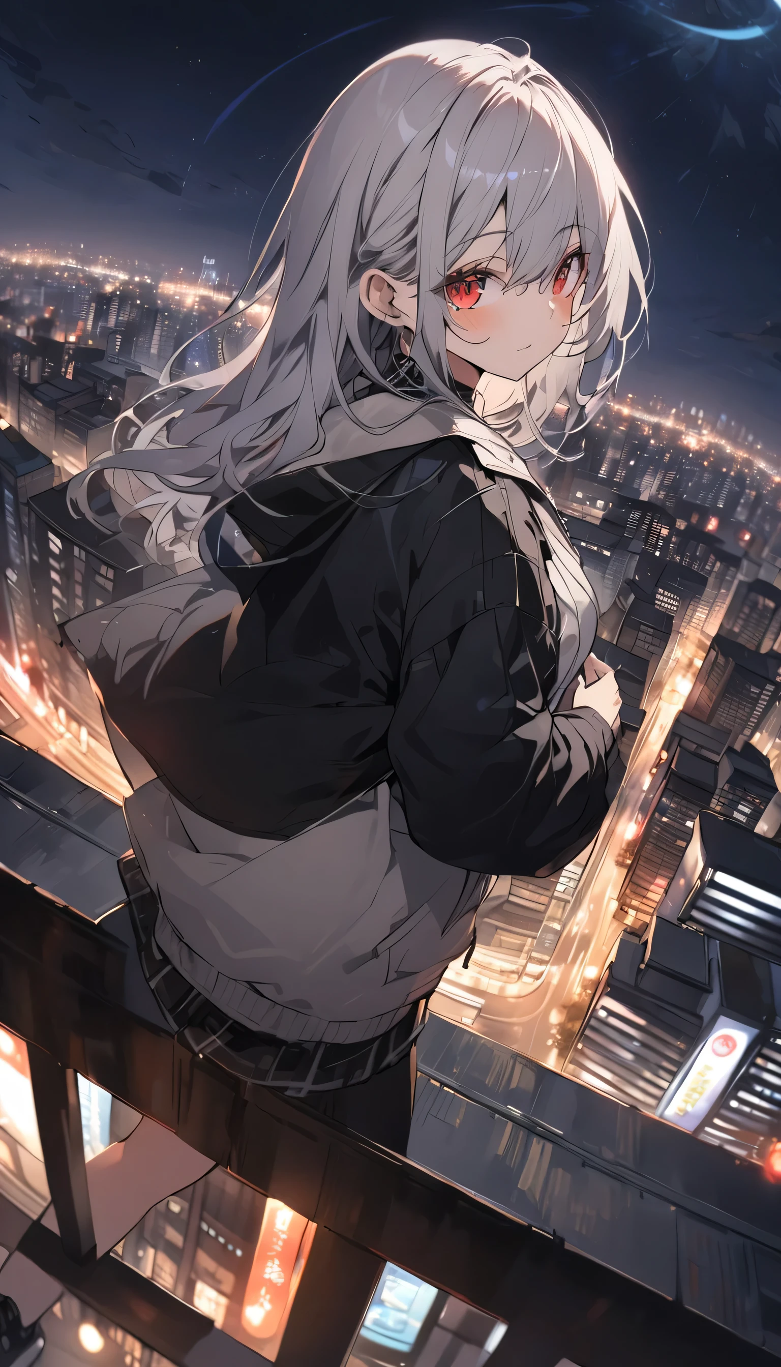 One adult woman with gray hair, Red eyes, Wear a light jacket, stand on top of the building, dark city night, Building view ((With the city lights)) (Urban Background ), night, Fisheye Lens