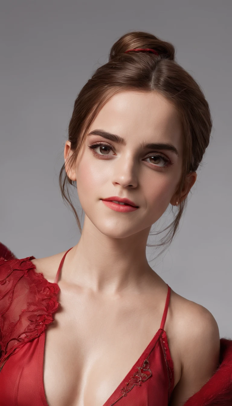(Emma Watson), sexy sayian armor, scouter, earrings, (monkey tail, long tail), Red leotard, white gloves, bare shoulders, (Big Breasts), smile, Long Straight Hair, (studio lighting, hard light, sony a7, 50 mm, matte skin, pores, colors, hyperdetailed, hyperrealistic)