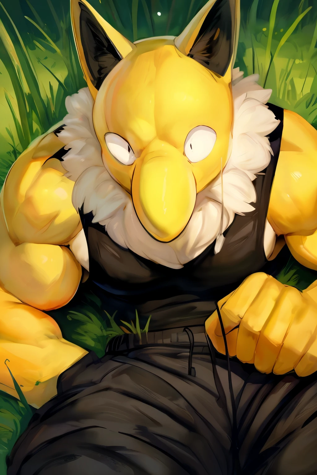 Furry, Anthro, solo, Hypno, Male, (((muscular body, massive thighs, massive male pectorals, fluffy neck, yellow skin, wearing black tanktop, wearing black sweatpants))), ((((massive biceps, laying on back in grass)))), ((((((massive bulky torso, wide-eyed, head tilted, facing viewer)))))), meadow background, by buta99, by zackary911, by bebebebebe, (((digital painting)))