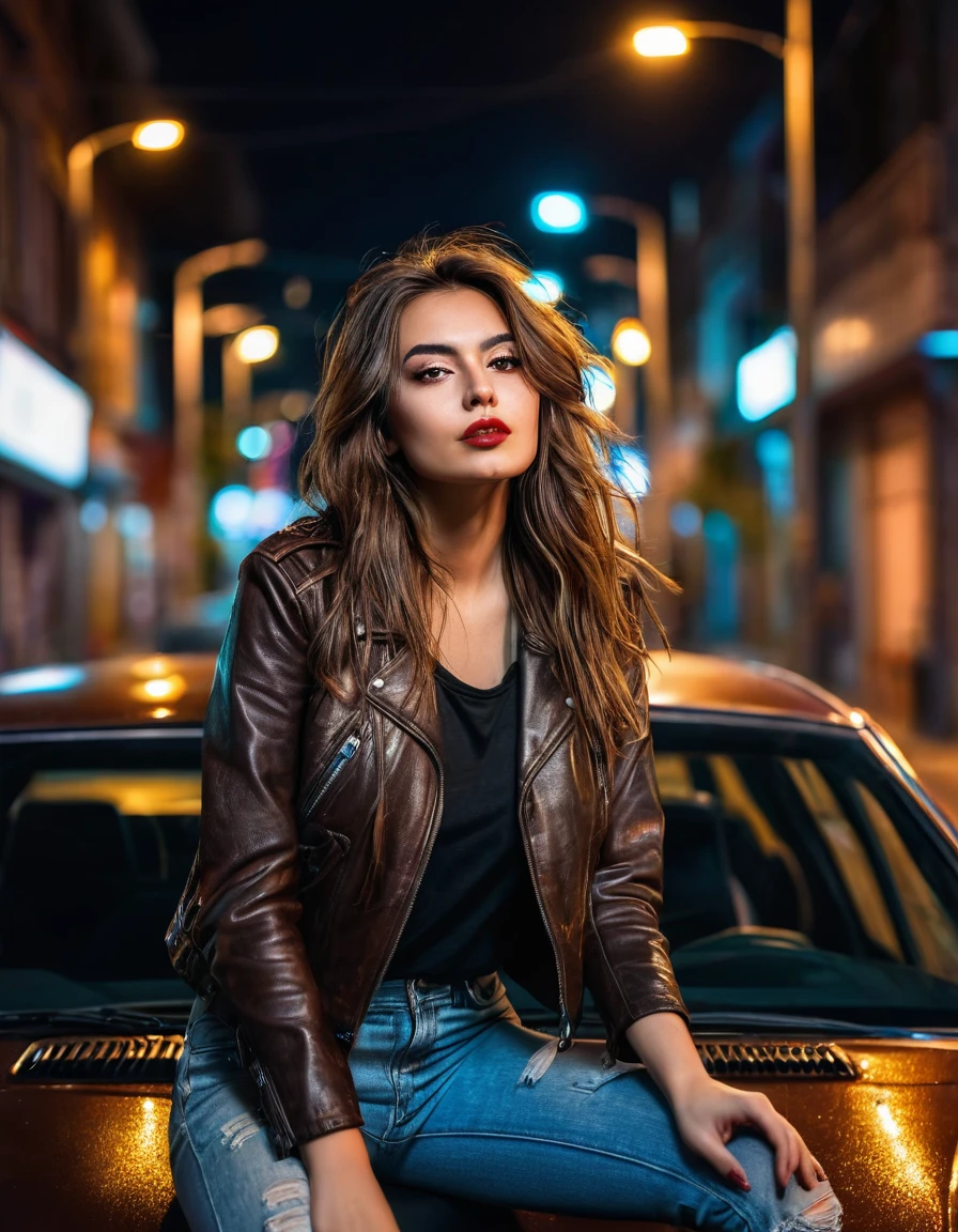 Beautifull woman with long brown hair, wearing brown leather jacket, black t-shirt, long messy hair, eyeliner, lipstick, upper body portrait, sitting on car hood, soft lighting, ((Full body shot)), (((Exterior background in streets at night))), neon lights,taken with Canon EOS R5, 50mm lens, f/2.8, HdR, (8k) ,dynamic Instagram poses