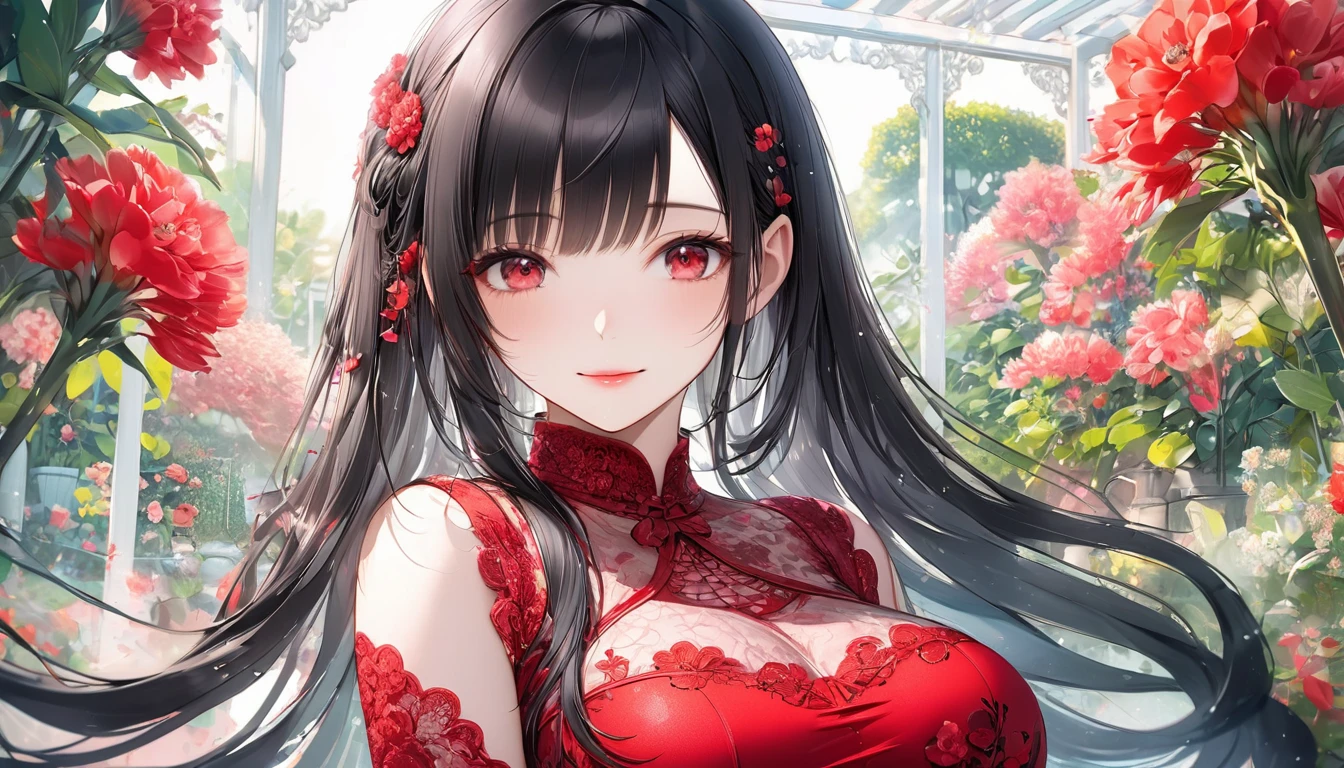 panoramic, (detailed beautiful color art style) (double exposure pastel color), (solo:2, 18 yo) (beautiful detailed asymmetry bangs:1.3) (beautiful pastel black hair very long hair) (cool beautiful sadist girl) (detailed cool red eyes) (soft smile, glossy lip) (big tits), in a pastel color red elegant dress with double exposure passion, break, in the beautiful detailed garden, BREAK, perfect anatomy, masterpiece, best quality, 16k, beautiful detailed grow, daydreaming expression.