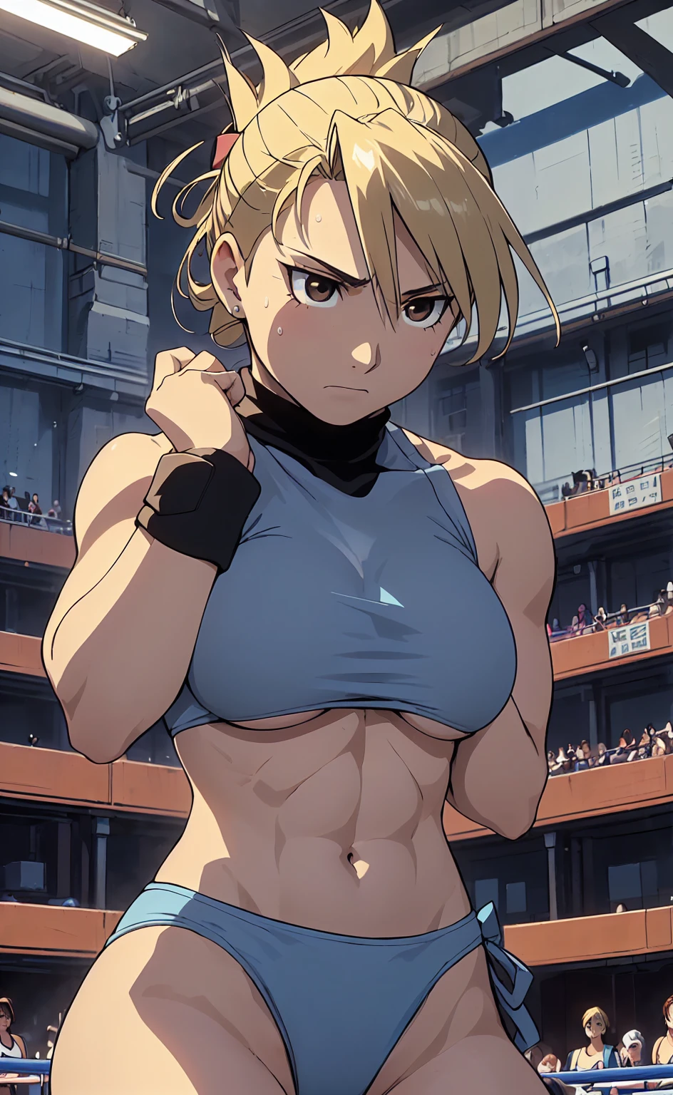 masterpiece, Highest quality, High resolution, One Girl, Hamriz, ponytail, Brown eyes,big , マイクロbikini、Cowboy Shot、Muscular body、blush、Sweat、Composition from the front、anime、(((Light blue bikini、Stand in front、audience、Shaking breasts、Boobs fully exposed、Facing forward)))、((Wrestling Arena)), (Female wrestler), (Slender body, 発Sweat, tired), Mature Woman, Mature Woman, (bikini, Very detailed wrestling equipment)