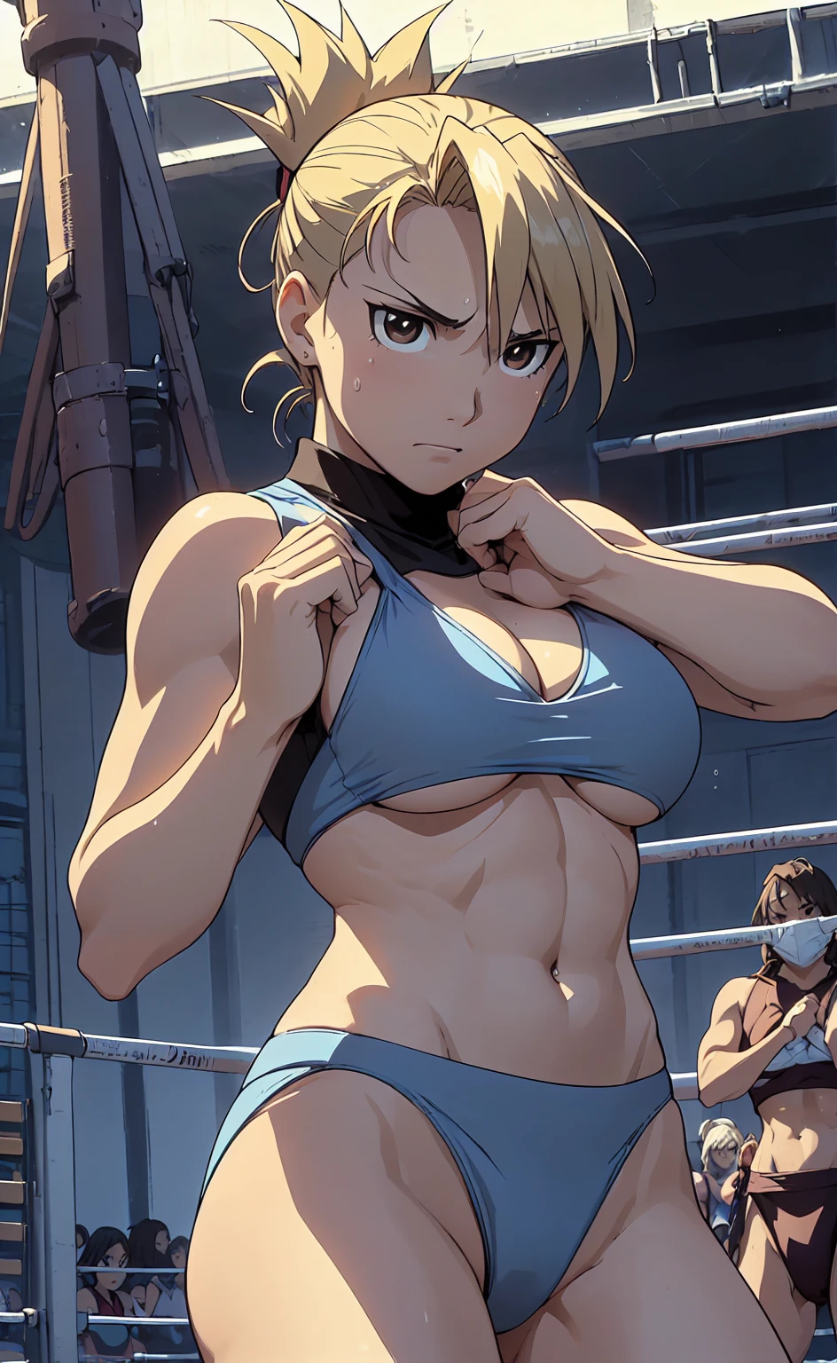 masterpiece, Highest quality, High resolution, One Girl, Hamriz, ponytail, Brown eyes,big , マイクロbikini、Cowboy Shot、Muscular body、blush、Sweat、Composition from the front、anime、(((Light blue bikini、Stand in front、audience、Shaking breasts、Boobs fully exposed、Facing forward)))、((Wrestling Arena)), (Female wrestler), (Slender body, 発Sweat, tired), Mature Woman, Mature Woman, (bikini, Very detailed wrestling equipment)