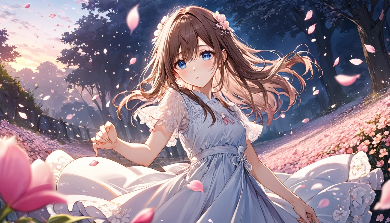 **183. One person。Flashback scenes from the past。girl。Cowboy shot or close-up。masterpiece, best quality, ultra detailed (Detailed fingers), (Emotional), (main part: 1.2 Whole body。), (Anime Style), (Very detailed), (sentimental), (超High resolution, High resolution), (8k), (High resolution: 1.2), (Complex and beautiful: 1.2)**
- background: Old garden at dusk、petals dancing in the wind。
- girl: A simple dress with delicate details、Blue eyes and long brown hair。
-pose: Standing against the background、He looks down as if immersed in memories.。
-expression: A slightly sad look、My eyes are fixed on the distant past。
- Effects: petals dancing in the windが彼女の周りを包み込み、Create a fantastic atmosphere。
-color: The soft colors of the evening and the pink of the petals blend together.、Creating moving scenes。