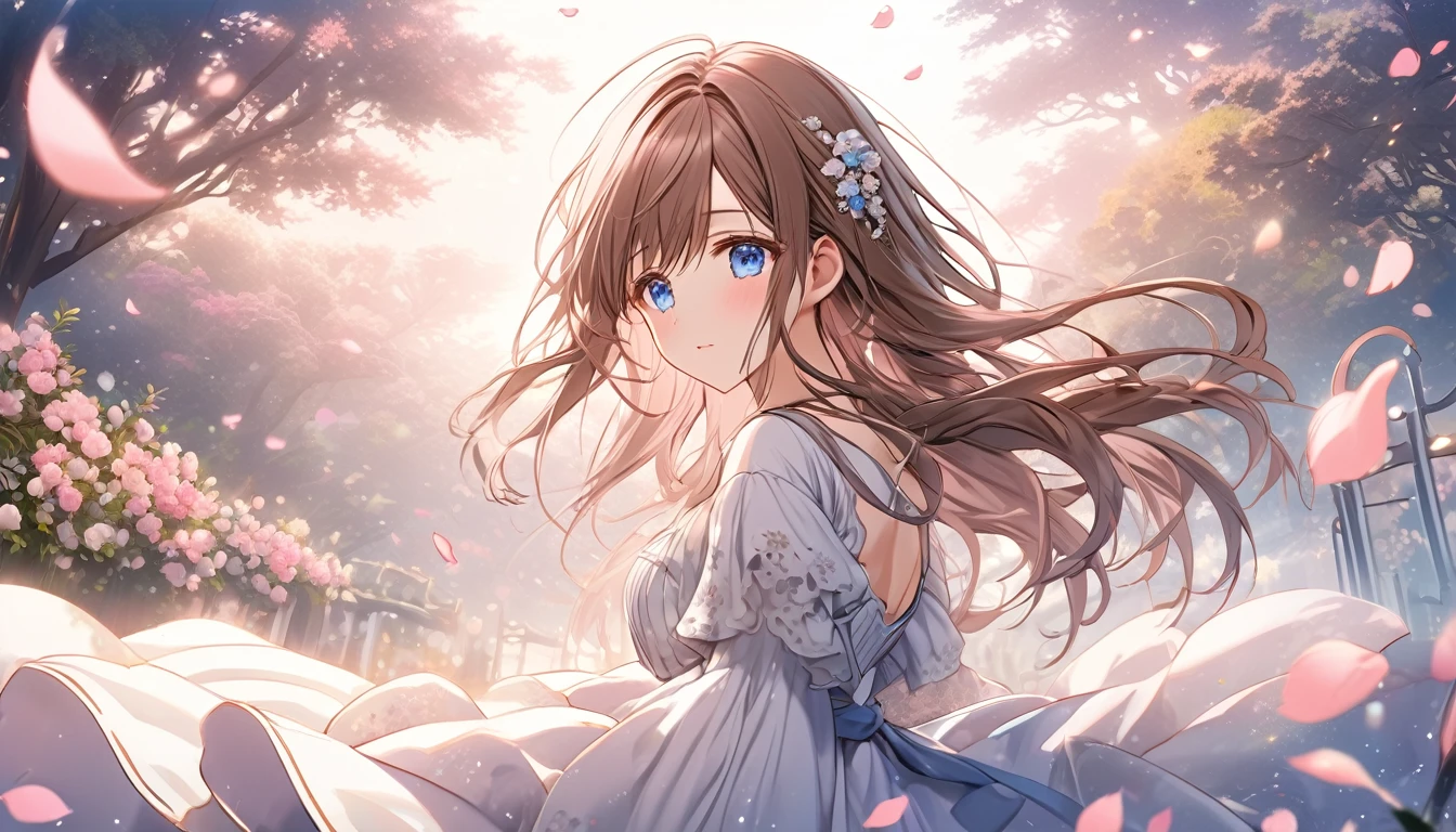 **183. One person。Flashback scenes from the past。girl。Cowboy shot or close-up。masterpiece, best quality, ultra detailed (Detailed fingers), (Emotional), (main part: 1.2 Whole body。), (Anime Style), (Very detailed), (sentimental), (超High resolution, High resolution), (8k), (High resolution: 1.2), (Complex and beautiful: 1.2)**
- background: Old garden at dusk、petals dancing in the wind。
- girl: A simple dress with delicate details、Blue eyes and long brown hair。
-pose: Standing against the background、He looks down as if immersed in memories.。
-expression: A slightly sad look、My eyes are fixed on the distant past。
- Effects: petals dancing in the windが彼女の周りを包み込み、Create a fantastic atmosphere。
-color: The soft colors of the evening and the pink of the petals blend together.、Creating moving scenes。
