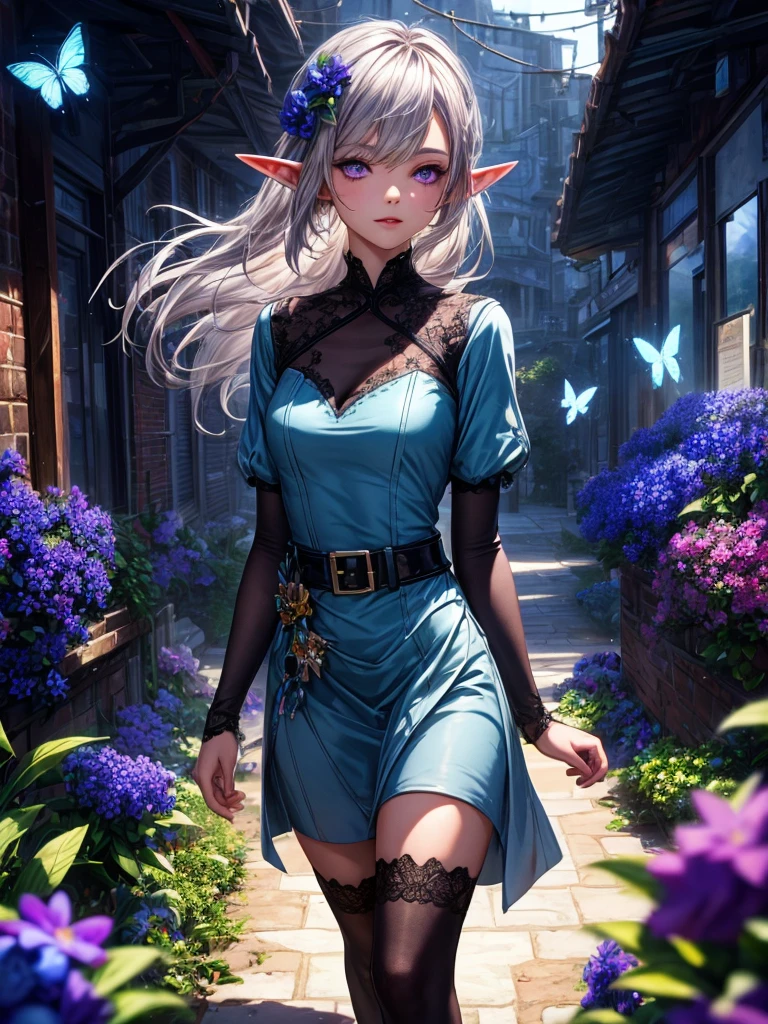 (best impact:1.4), (Maximalism:1.3), (vivid contrast), (Ultra-luxurious light:1.2), (diffuse reflection:1.3), (high speed shutter, motion blur), (HDR, unity 8k wallpaper, extremely detailed CG, ultra highres), BREAK (1girl, solo:1.5), (white silver hair, deep blue dress:1.4), (elf ears:1.4), (violet eyes:1.6), (blue flowers:1.5), (butterflies:1.4), (lush flower garden:1.2), (urban:1.2), BREAK (realistic), super realistic illustration, highres, ultra detailed, absurdres, (Fantastic scenery in richly coloured:1.4), BREAK (very wide:1.3), (panorama view:1.1), (sense of depth:1.5), (long shot:1.3), (magnificent view:1.3), (wind:1.4),
