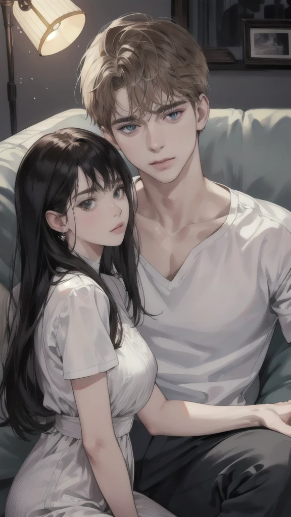 White Guy and White girl sitting in couch in apartment แมวหลายตัวผมสีดำ, โมเดลhigh resolution, Masterpiece, Anatomically correct, qualityที่ดีที่สุด, details, detailsสูง, quality, detailsมาก, high resolution,