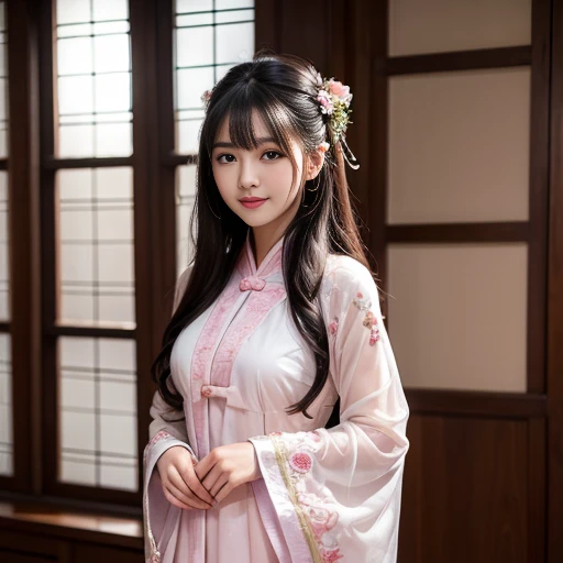 best quality, Delicate face,beautiful visual work, lifelike, eternity, black hair, Long curly hair, blunt bangs, Smile, Detailed Background, Delicate face,pink blush,cold,((masterpiece))、(top quality)、8k、high detail、Super detailed,21 years old female,Wearing wide-sleeved Tang Dynasty Hanfu、Clothes made of chiffon,Transparent sleeves, Seductive and whimsical style、masterpiece、born、Scenes resembling fairy tale illustrations、intricate details和複雜的設計、Beautifully、magic、capricious、 Beautifully、Dream aesthetics、「𝓡𝓸𝓶𝓪𝓷𝓽𝓲𝓬、ethereal、charming、fickle、magic」、realism、Visual effects、FXAA、SSAO、Shader、voiceless、ambient lighting、Tone mapping、High resolution、Ultra high quality、Million pixels、(8K resolution:1.10)、8k、8k以下、8K resolution、high detail、intricate details, (high quality:1.2、masterpiece:1.2、:1.21)、(21 years old female:1.21)、(興奮地Smile)、(Surrounded by a dreamy atmosphere、Model diagram,full-body shot,Normal 2 feet,Don't show your fingers,Hands hidden in sleeves, The protrusion of the breast is visible when wearing clothes, Large Breasts, H cup chest, Landscape photos,full-body shot