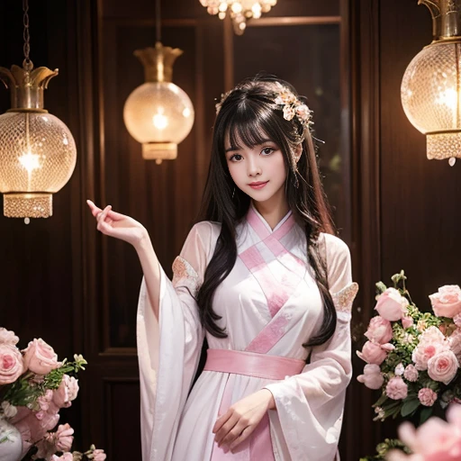 best quality, Delicate face，beautiful visual work, lifelike, eternity, black hair, Long curly hair, blunt bangs, Smile, Detailed Background, Delicate face，pink blush，cold，((masterpiece))、(top quality)、8k、high detail、Super detailed，21 years old female，Wearing wide-sleeved Tang Dynasty Hanfu、Clothes made of chiffon,Transparent sleeves， Seductive and whimsical style、masterpiece、born、Scenes resembling fairy tale illustrations、intricate details和複雜的設計、Beautifully、magic、capricious、 Beautifully、Dream aesthetics、「𝓡𝓸𝓶𝓪𝓷𝓽𝓲𝓬、ethereal、charming、fickle、magic」、realism、Visual effects、FXAA、SSAO、Shader、voiceless、ambient lighting、Tone mapping、High resolution、Ultra high quality、Million pixels、(8K resolution:1.10)、8k、8k以下、8K resolution、high detail、intricate details， (high quality:1.2、masterpiece:1.2、:1.21)、(21 years old female:1.21)、(興奮地Smile)、(Surrounded by a dreamy atmosphere、Model diagram，full-body shot，Normal 2 feet，Don't show your fingers，Hands hidden in sleeves, The protrusion of the breast is visible when wearing clothes, Large Breasts, H cup chest, Landscape photos，full-body shot