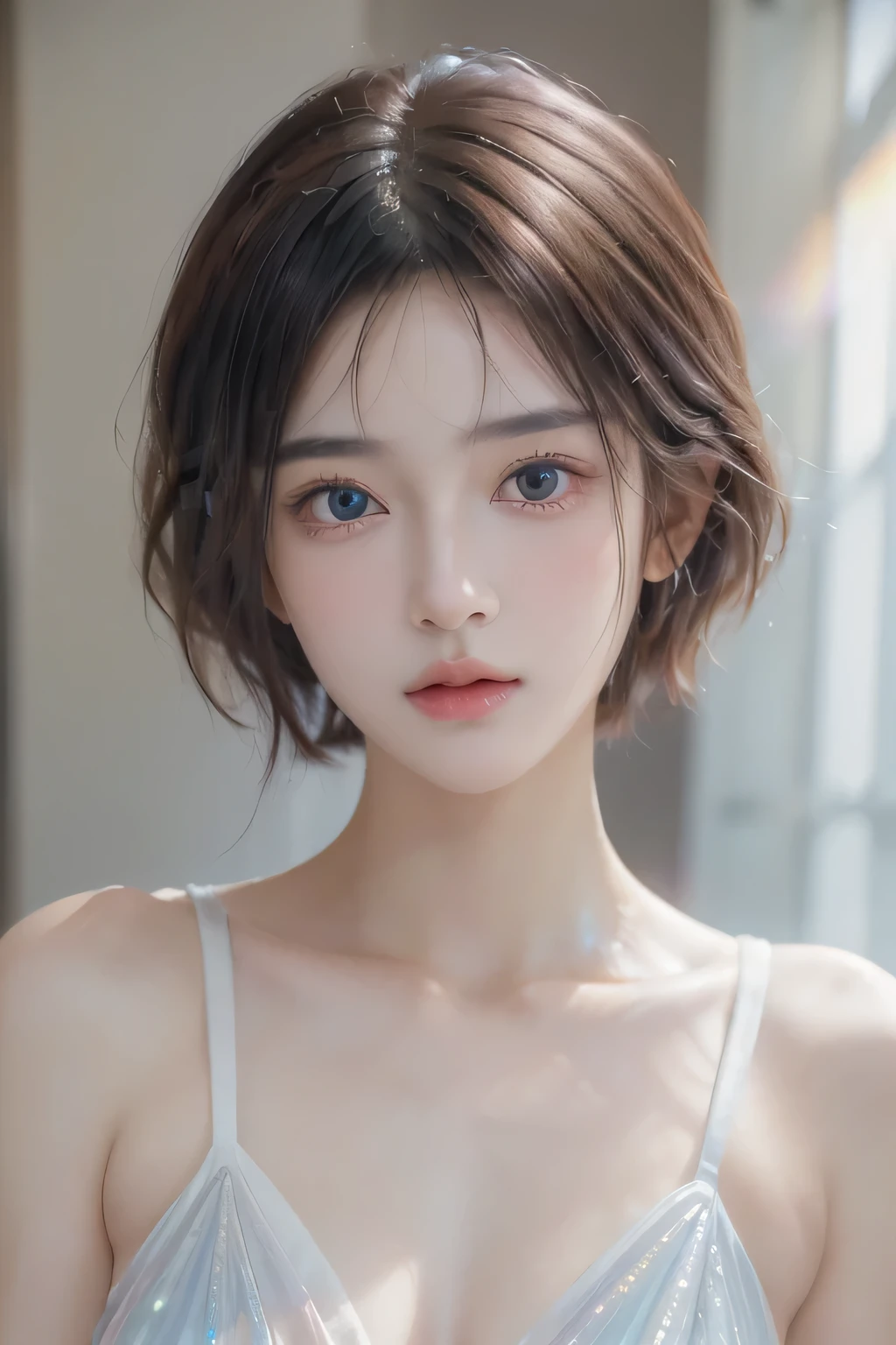 ((iridescence)),((Highest quality, 8k, masterpiece :1.3)), 1 innocent girl:1.3, (short hair,Beautiful breasts :1.2 , Highly detailed face, Beautiful Eyes, double eyelid,whole body,Cute Face,(Realistic Face),(Realistic Skin),Smart Body,half Japanese and half European,Innocent face