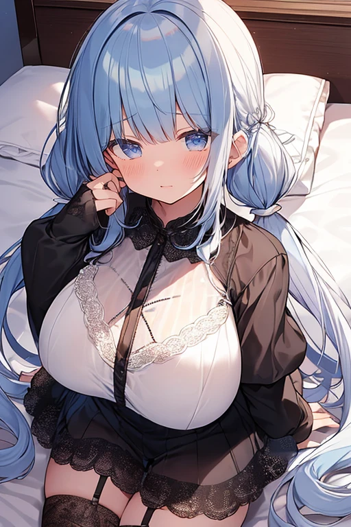 ((masterpiece)), ((Highest quality)), (((1 slender girl))), (Very detailed),(Shooting from below),((cute)), ((Very detailedな顔)), 4K, (8k), Highest quality, (beautiful), ((Huge breasts:1.4)), ((Large Breasts)),((Light blue long twin tails)), (((Lace Lingerie,See-through))), ((Lace Stockings)),(((Girl lying on bed:1.3))),((Perfect body)),blush、Captivating body,Embarrassing、Embarrassed、Open your mouth