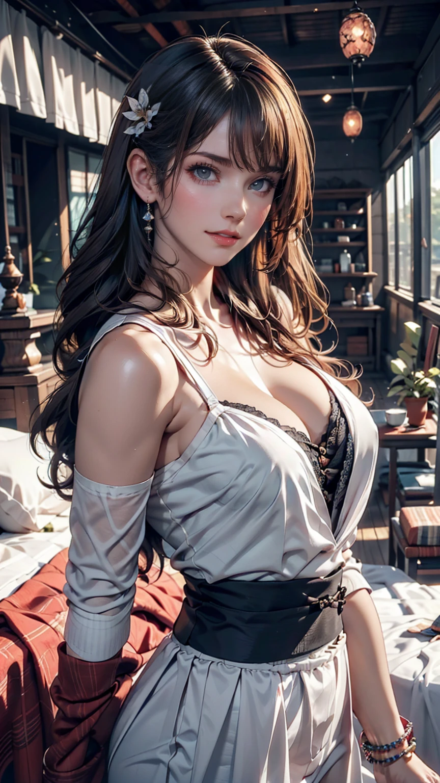(masterpiece, Highest quality, Very detailed, High resolution, Absurd, best ilroomnation, In detail, bloom, 顔of照明, 最高of照明, In detailed beautiful eyes, Shiny Hair , Perfect Face, 光沢ofある肌), Are standing, Outdoor, depth_of_Field, Dawn, Daytime, whole body, オランダof_angle, street,, room_singer, hair ornaments, 黒ofチョーカー, 星ofネックレス、クロスホルターネックofトップス、ロング丈ofプリーツスカート、Silver accessories on the wrist、Sexy proportions、Narrow waist、リアルな形状of乳房(Hanging down due to gravity)