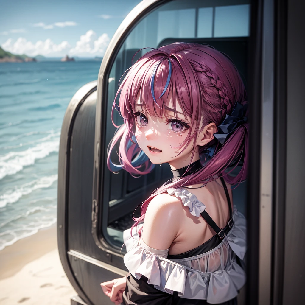 at the seaside,There is a train behind,Leave with your back to the camera,with tears,with tearsSmile,cry