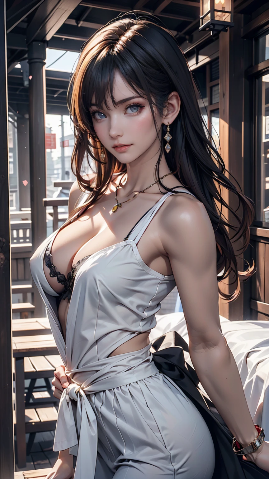 (masterpiece, Highest quality, Very detailed, High resolution, Absurd, best ilroomnation, In detail, bloom, 顔of照明, 最高of照明, In detailed beautiful eyes, Shiny Hair , Perfect Face, 光沢ofある肌), Are standing, Outdoor, depth_of_Field, Dawn, Daytime, whole body, オランダof_angle, street,, room_singer, hair ornaments, 黒ofチョーカー, 星ofネックレス、クロスホルターネックofトップス、ロング丈ofプリーツスカート、Silver accessories on the wrist、Sexy proportions、Narrow waist、リアルな形状of乳房(Hanging down due to gravity)