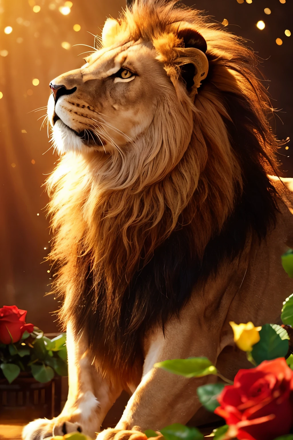Create a majestic lion with a flowing, voluminous mane, sitting regally in front of a glowing, golden backdrop. The lion should have a calm and wise expression, with its gaze directed slightly upwards. Surround the lion with vibrant roses in various shades of red and pink, creating a harmonious and enchanting atmosphere. The lighting should be warm and ethereal, with glowing particles floating in the background to enhance the magical feel of the scene.