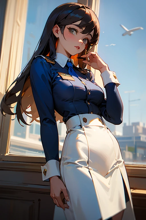 ((best quality)), ((masterpiece)), (detailed),
A woman wearing a dark blue stewardess.'s uniform is having her breasts massaged over her GOOD by a young man in a suit while standing., (povagragar chest,hands pov,grab the chest:1.3)、doggy style, exact number of hands, show off GOOD, Skirt, GOOD, panties, underwear, (shiny blue satin レースpanties:1.3), (shiny blue satin lacy GOOD:1.3), embarrassed expression, thighs,garter belt, Skirt lift , realist