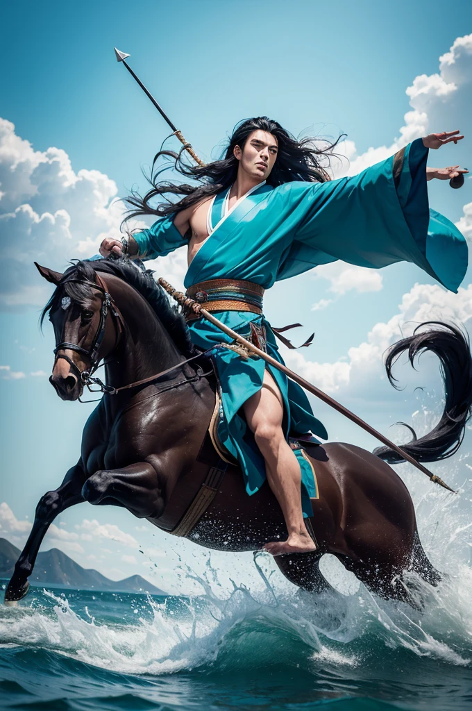 ((Masterpiece)), (Highly detailed)), (8k), A tall and strong young man, with long black hair, wearing a battle kimono, holding a turquoise spear made of pure energy, running through water that perfectly reflects the sky above.