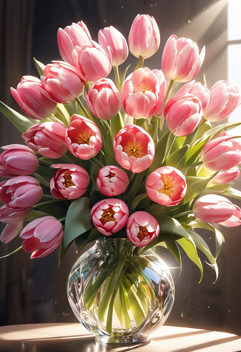  ( Anatomically perfect) Nobody A bouquet of pink transparent tulips close-up art masterpiece interweaving of light Tyndall effect shows the interweaving and interweaving of light，Their shapes and refraction of light evoke wonder and excitement。

                           Fantasy visual effects masterpiece, fair. lifelike, Master art masterpiece photo quality.Ultra high quality


                        

                      
