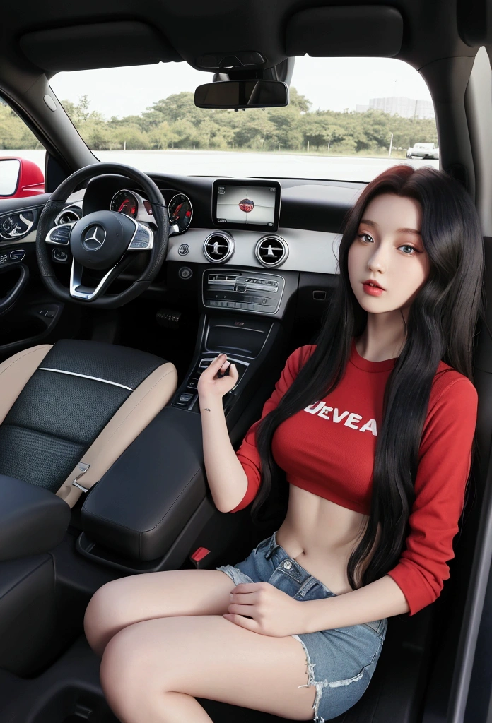A red-haired girl and a black-haired girl are in the car. The girl with red hair is in the driver's seat. The girl with black hair is in the passenger seat. The brand of the car is Mercedes. The red-haired girl is wearing denim shorts and a green crop top. The girl with black hair is wearing black shorts and a black crop top. The girl with black hair, have green eyes and curly hair. and the redhead girl have long straight hair and brown eyes.