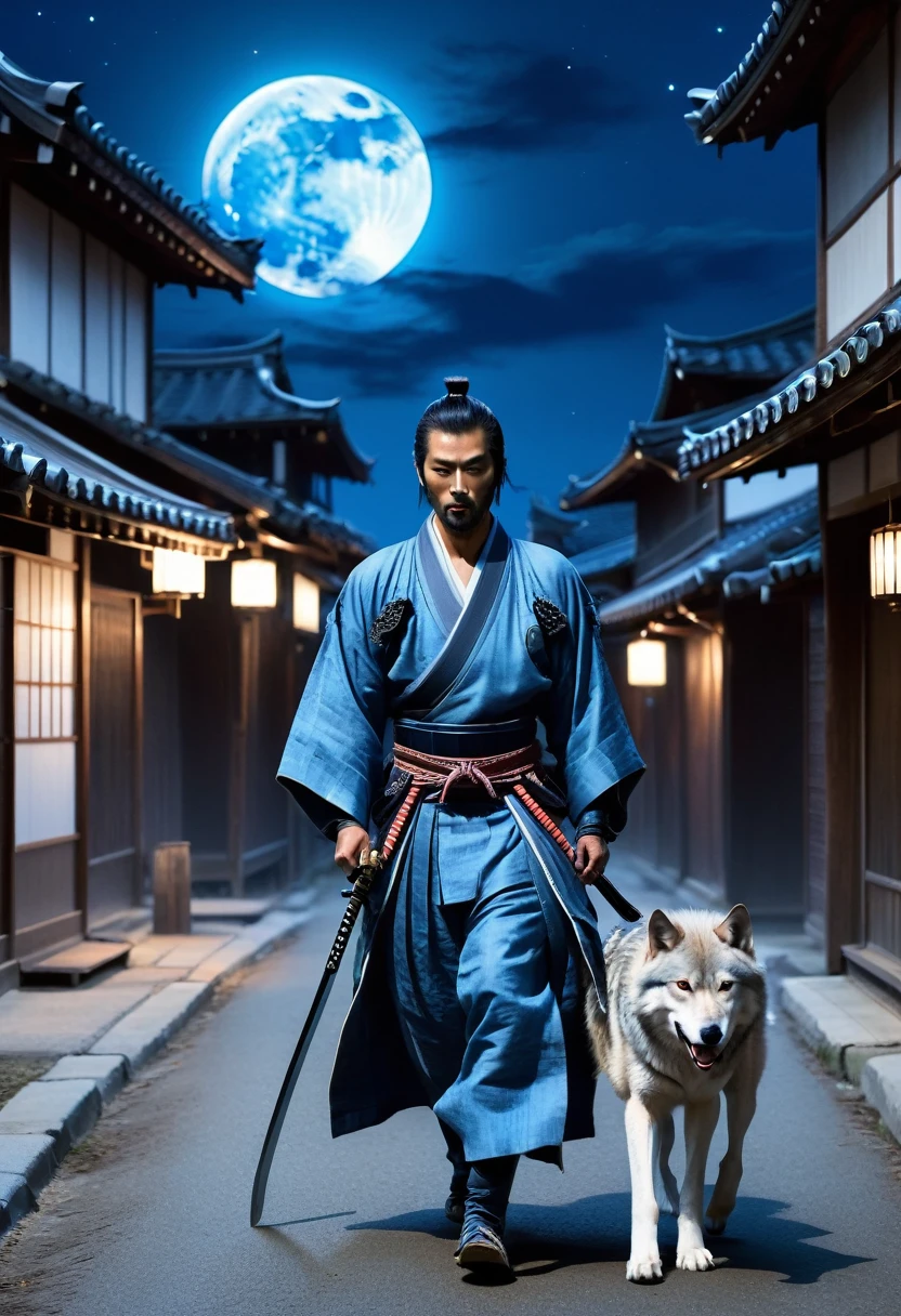 blue samurai, ghost, walking with a wolf in a haunted town, night sky, full moon, realist, full hd, Best Quality