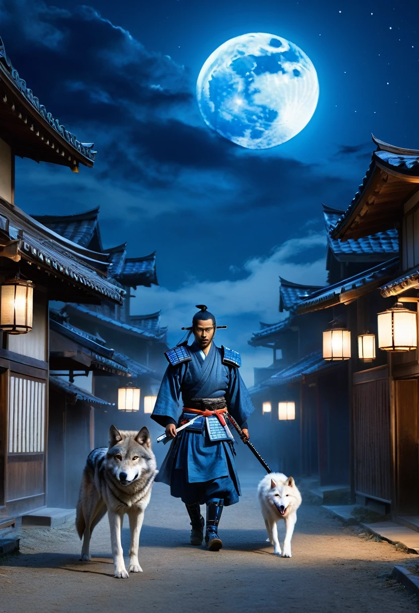 blue samurai, ghost, walking with a wolf in a haunted town, night sky, full moon, realist, full hd, Best Quality