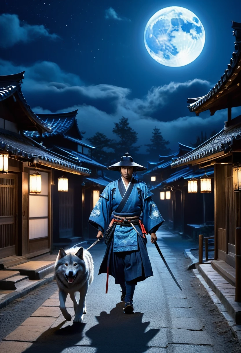 blue samurai, ghost, walking with a wolf in a haunted town, night sky, full moon, realist, full hd, Best Quality