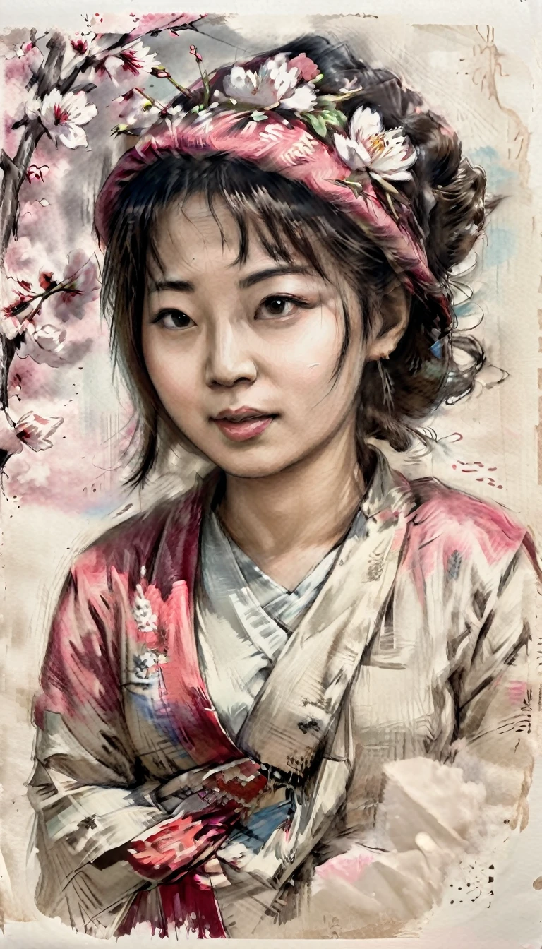 Japanese geisha colorfulness, cinematic romance, tempera, impasto, legal illustration, poster, landscape, ink-painted edges, summer close-up, airy happy gentle girl, vintage Tokyo, windy cinematic portrait on cracked paper, detailed textures, dynamic pose, trees and cherry blossom, dynamic pose, rustic farmhouse, rustic beret, scarf,  high detail, complex poses, high quality, concentration, perfect composition
