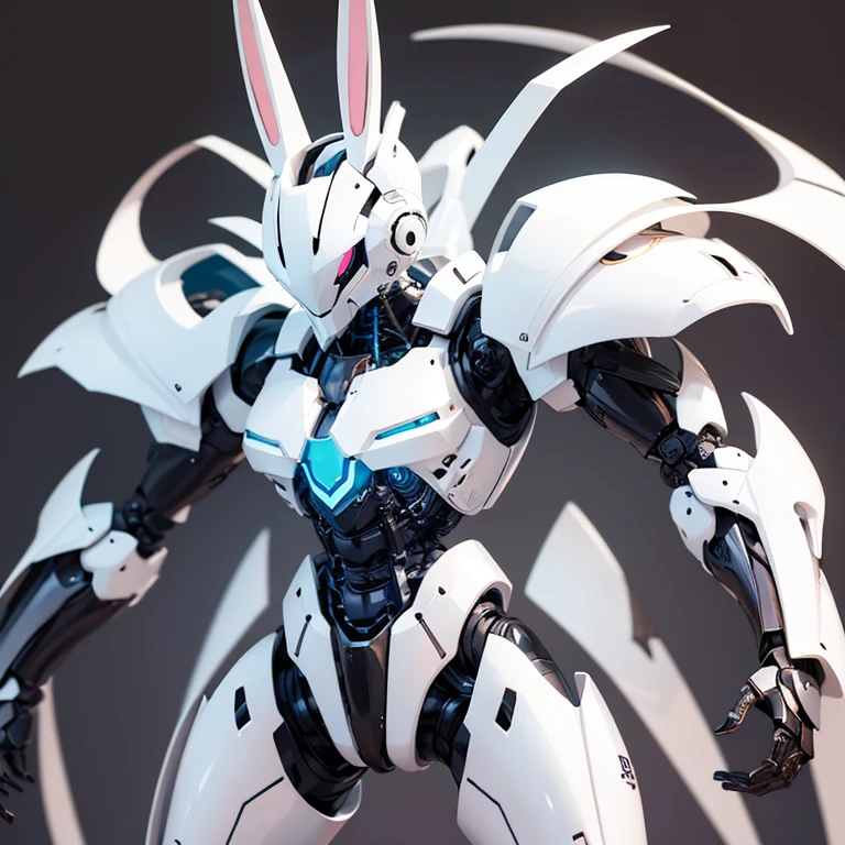 A rabbit-themed bipedal robot、Core in the chest、Neon Light、Armor is glossy white、Ninja taste、cute、simple、Skeleton-themed body、