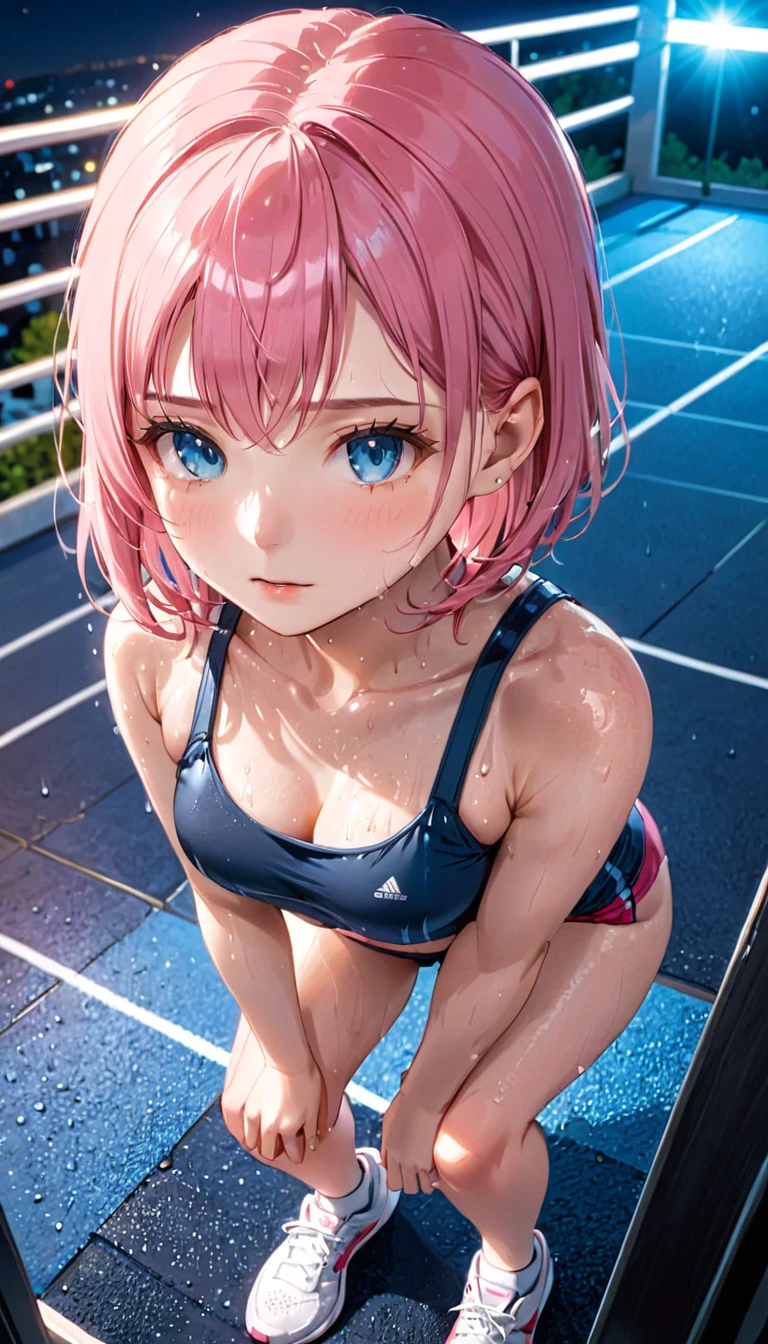 (1 girl),(Best Picture Quality, 8K, Masterpiece:1.3), (high school student:1.5), ((pink lob hair:1.1)), (bob cut),(swept bangs), (cute eyes, pupil black, iris skyblue, youthful face), (mole under right eye), (standard weight), (small breasts),(big hip), (glistening skin:1.1),(pale skin:1.2),(sweat),(squatting),(camisole, hot pants),(gym),(in the night),(portrait),((sweat:1.3)),(from above:1.2),(night).